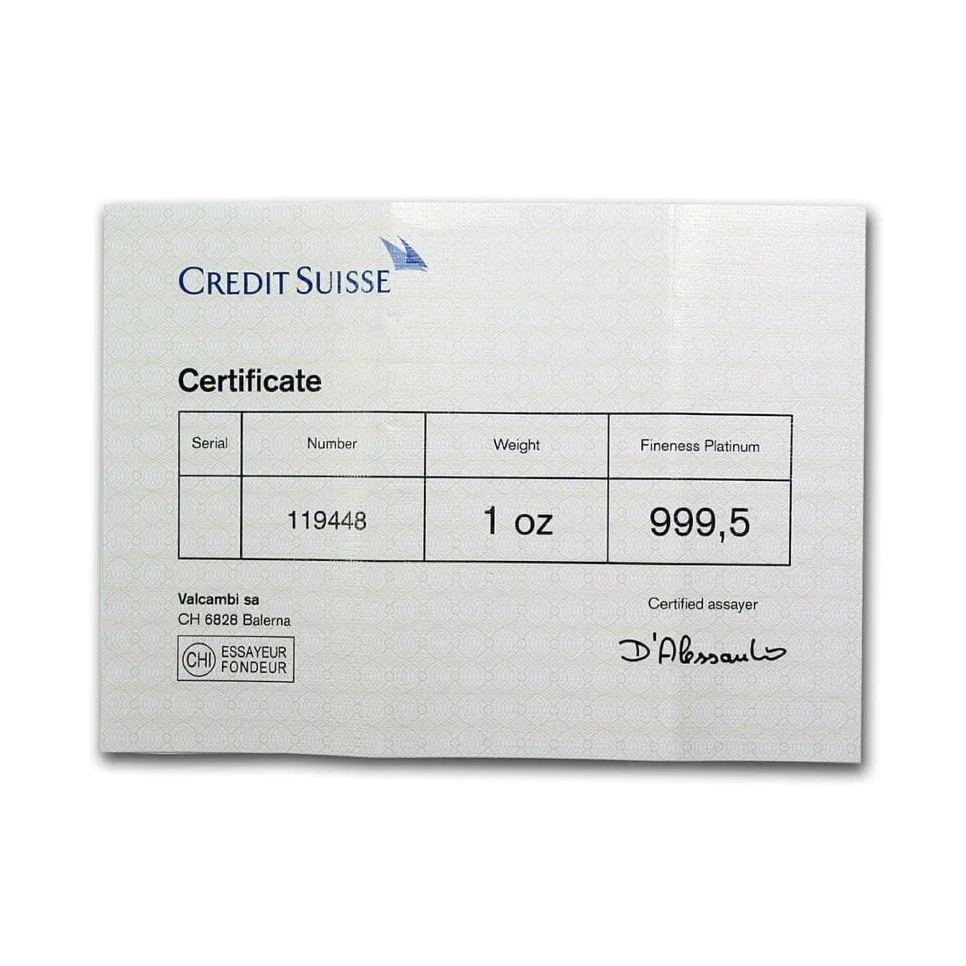 1 oz Credit Suisse Platinum Bar (with Assay) - amrarecoin.com