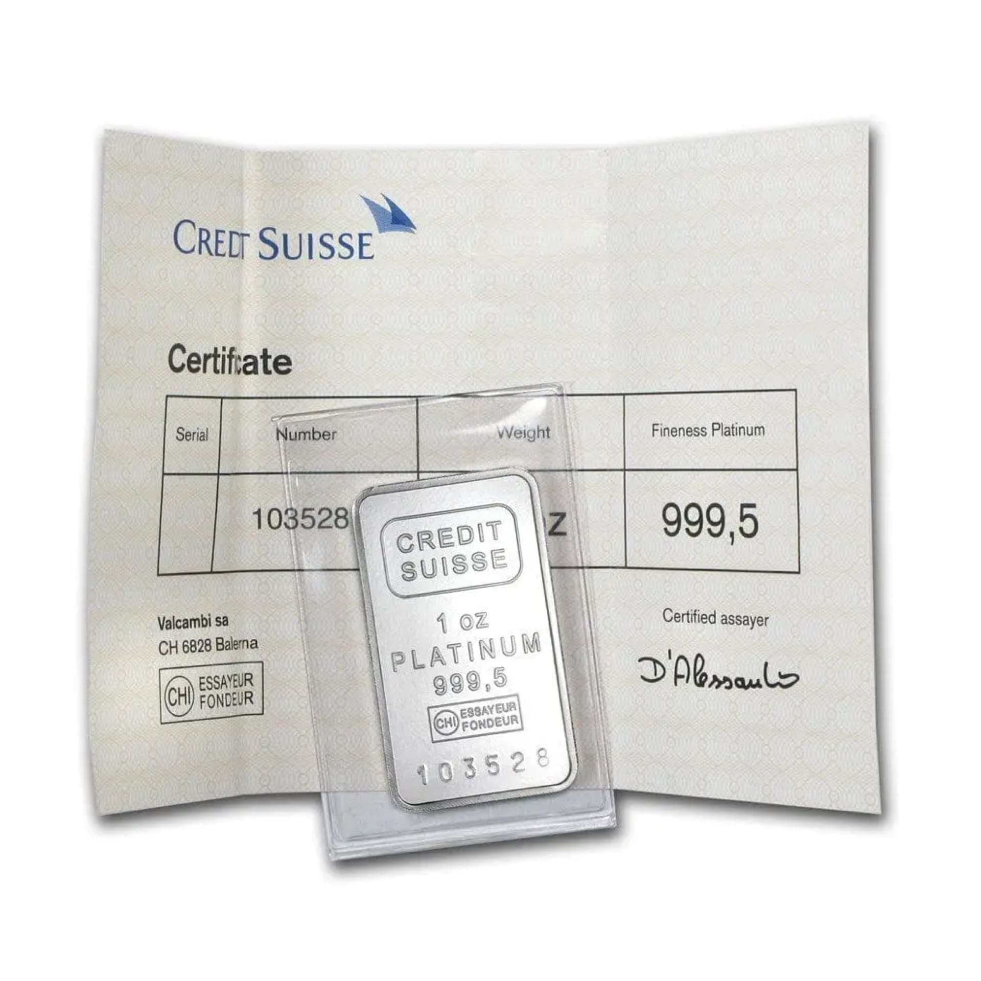 1 oz Credit Suisse Platinum Bar (with Assay) - American Rare Coin and Collectibles