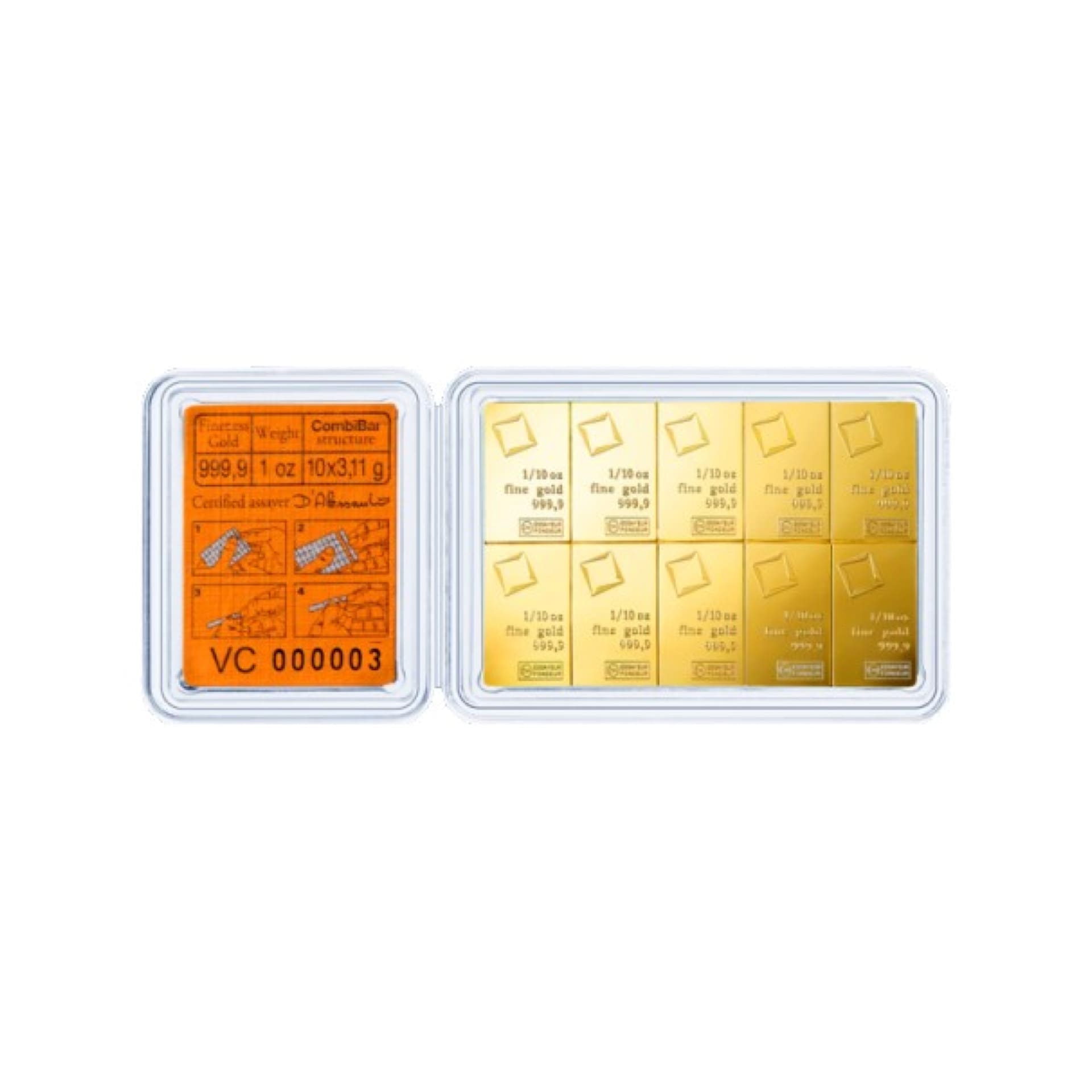 10 x 1/10 oz Valcambi Gold CombiBar .9999 (with Assay) - amrarecoin.com